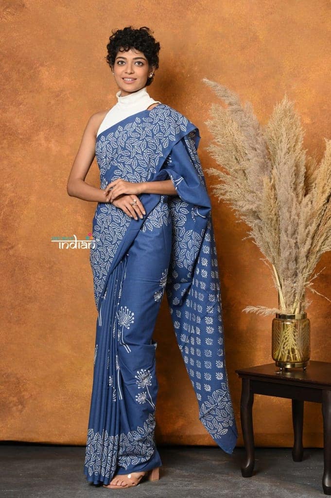 Mastaani ~ Handblock Printed Cotton Saree With Natural Dyes - Cyan Blue view 2