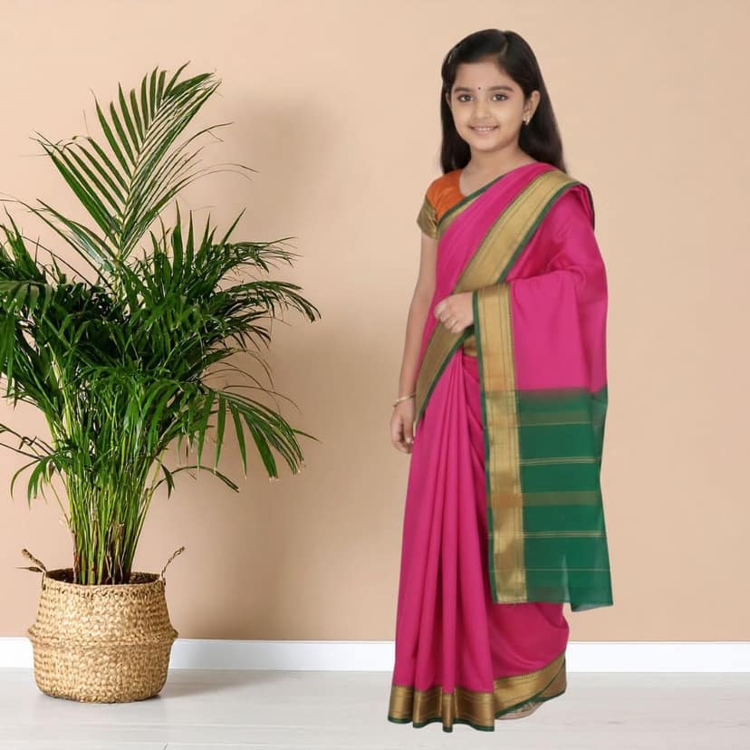 Mom and Me Girls Ethnic Pre-Stitched Saree | Belgaon Silk with Golden Zari Border | Festive Wear for Kids view 2