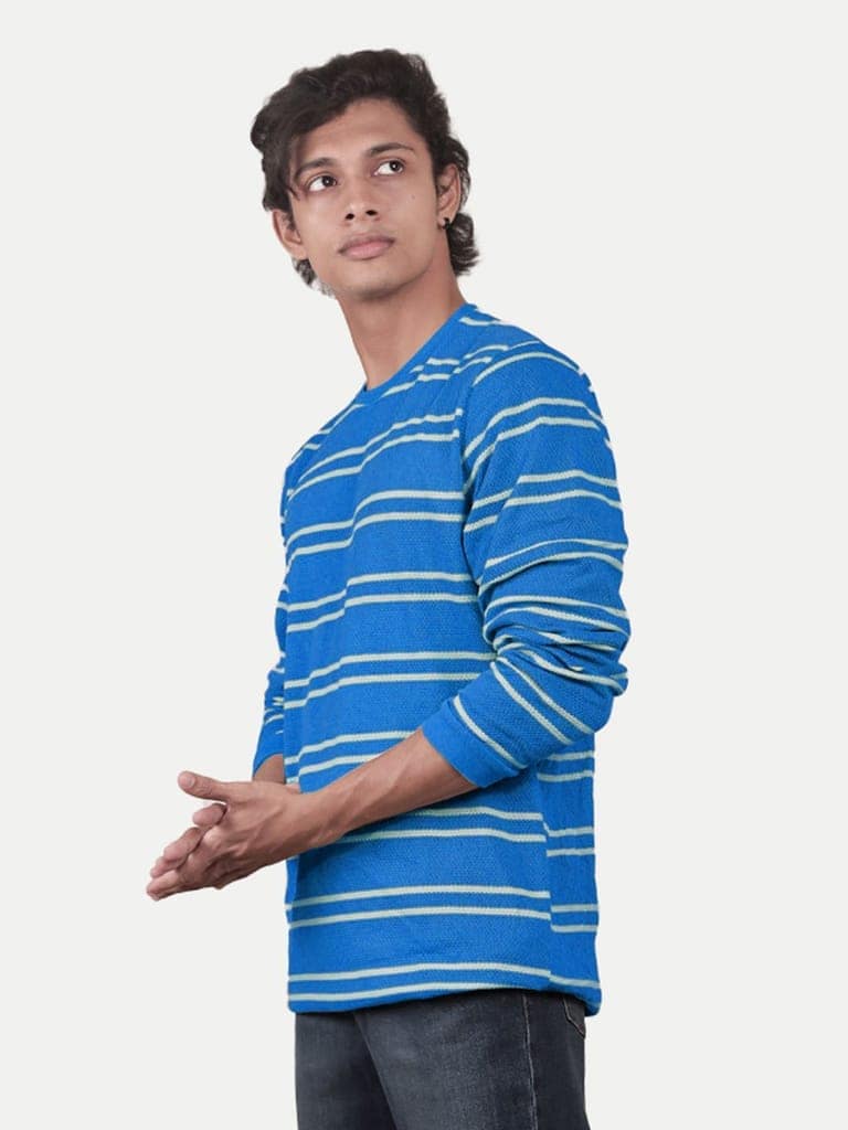 Men Blue Striped textured Pullover relaxed Sweatshirt