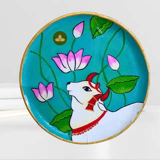 Hand Painted Wooden Kamdhenu Cow Pichwai Art Sky Blue Color Wall Plate With Resin Layer