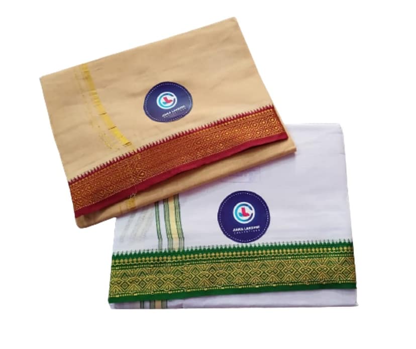 Jinka Lakshmi Collections 100% Handloom Cotton Dhoti With Big Borders Up and Down 4 Meters Unstitched Pack of 2 (Multicolor-4) view 3