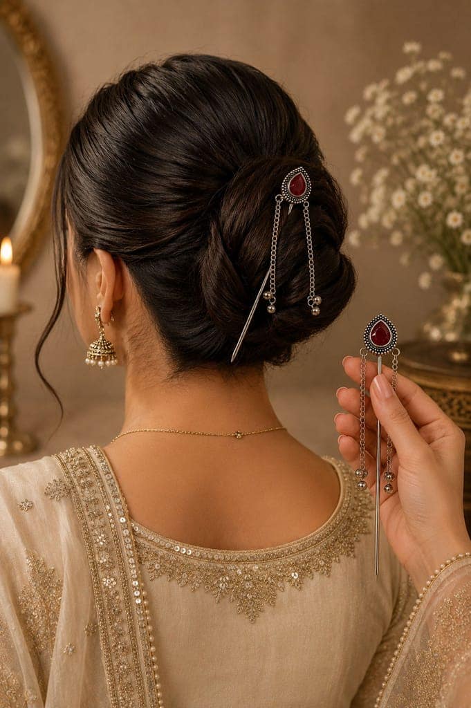 Handmade Oxidised Silver Elegant Gold Pearl Floral Juda Stick Hair Pin for Women view 3
