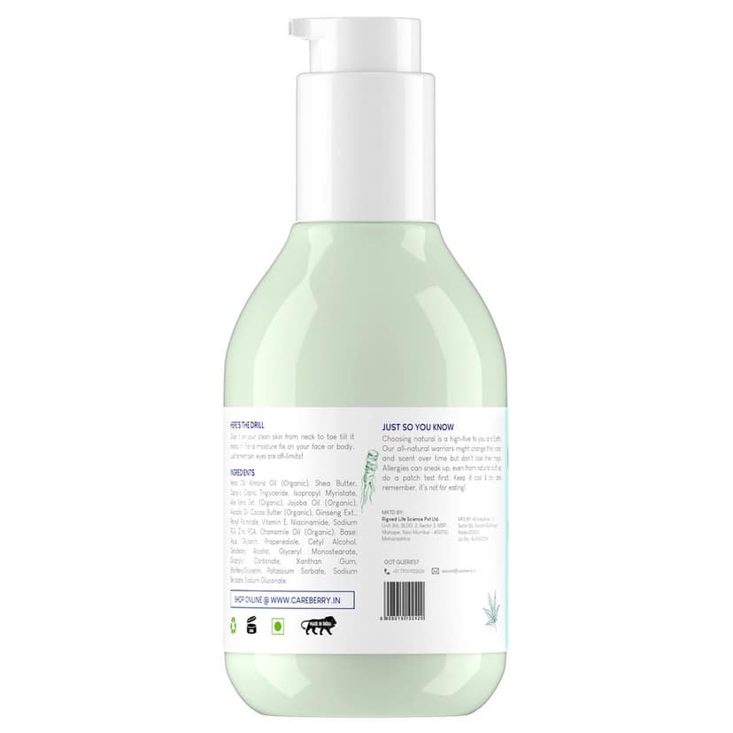 Careberry Hemp Seed Oil & Ginseng Calming Body Lotion, Non Greasy, Non Sticky, Ayush Certified Ayurvedic, Silicone's & Mineral Oil Free 200ml view 3