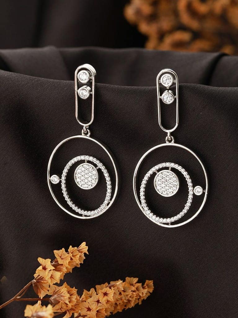 Silver Toned CZ Studded Modern Minimal Designer Concentric Chandbali Earrings view 2