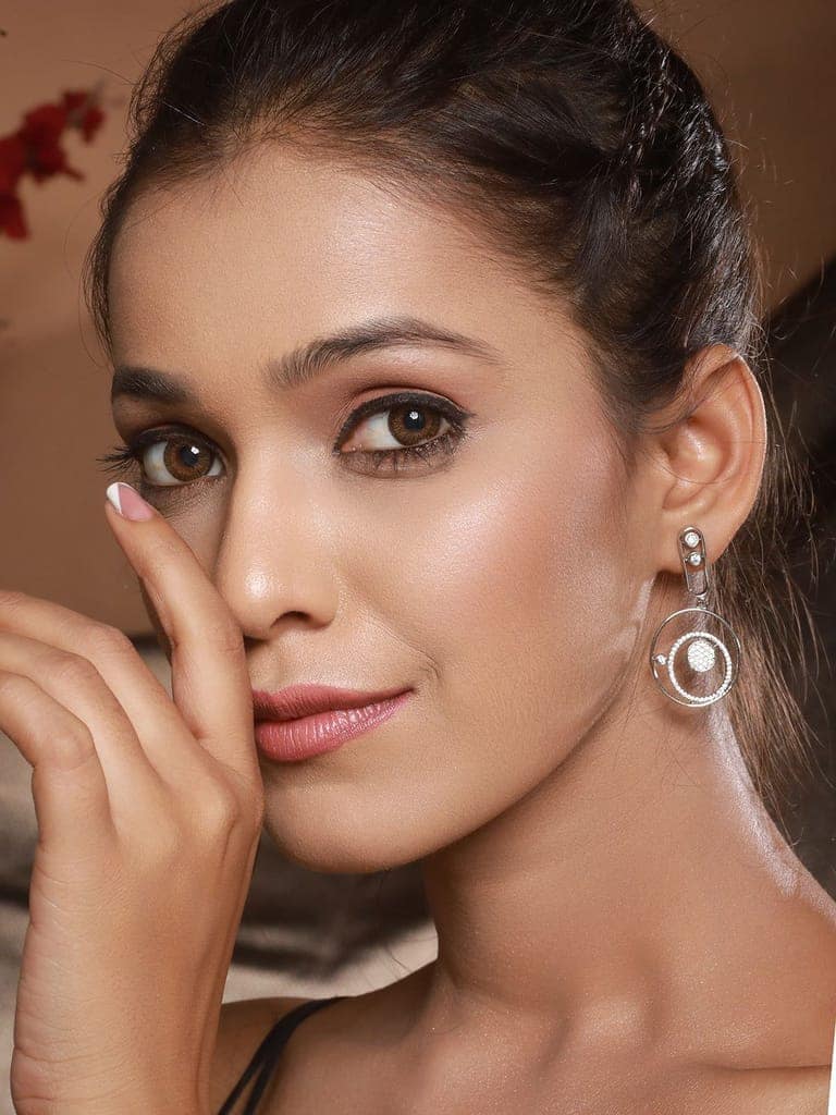 Silver Toned CZ Studded Modern Minimal Designer Concentric Chandbali Earrings view 3
