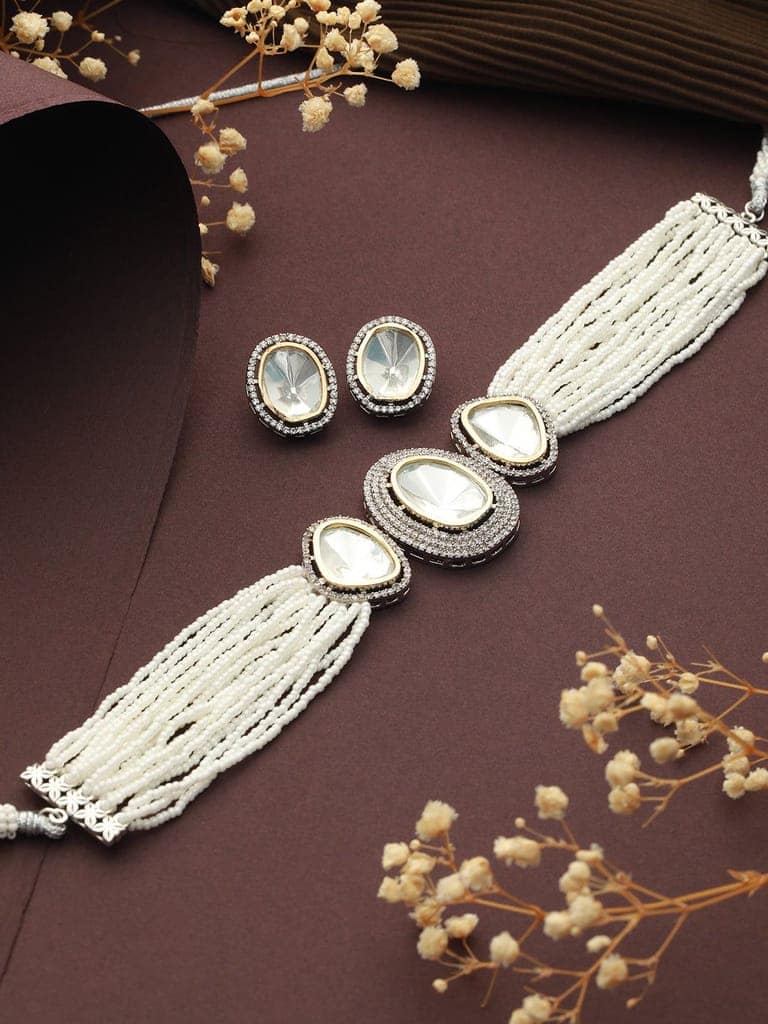 Gold Toned White Moissanite AD Studded Pearl Beaded Statement Choker Jewellery Set view 2