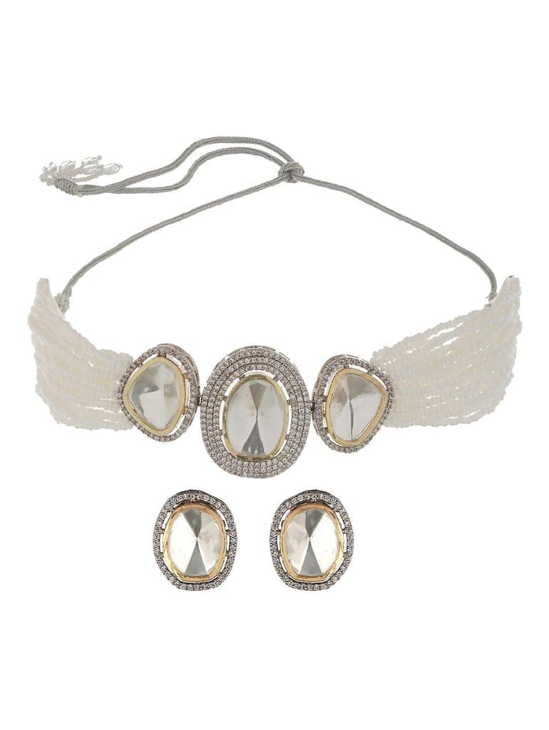 Gold Toned White Moissanite AD Studded Pearl Beaded Statement Choker Jewellery Set view 3