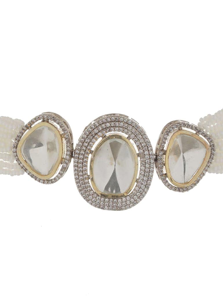 Gold Toned White Moissanite AD Studded Pearl Beaded Statement Choker Jewellery Set view 7