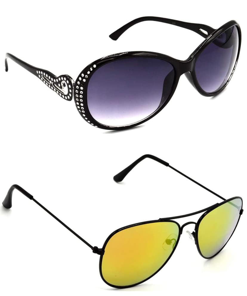 Hrinkar Unisex Round Sunglasses Silver & Black Frame, Grey & Golden Lens (Medium) - Pack of 2