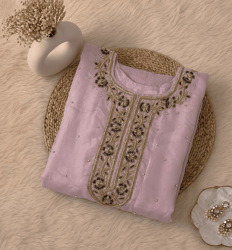 Handcrafted Zari Zardozi Tissue Kurta view 2