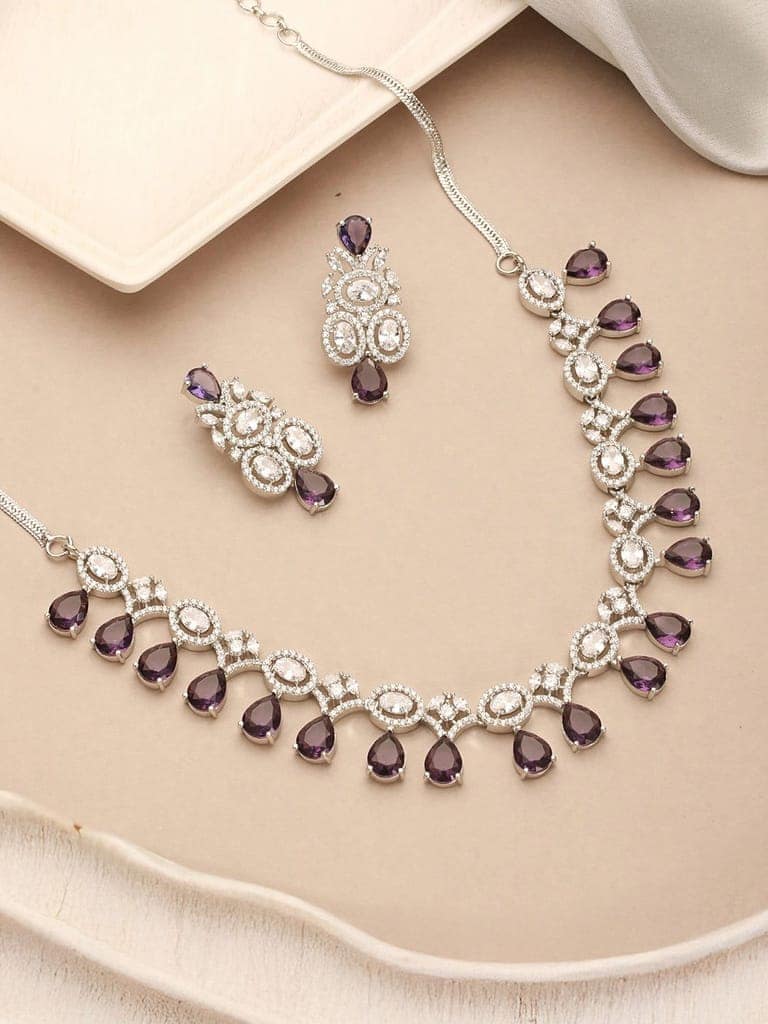 Silver Toned Rhodium Plated Amethyst AD Zirconia Studded Charms Designer Minimal Jewellery Set view 4