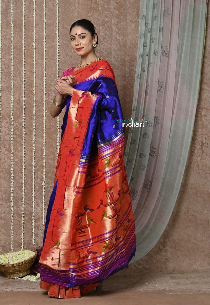 Tyohaar ~ Handloom Pure Silk Paithani Saree with Handcrafted Traditional Pallu~ Royal Blue view 3
