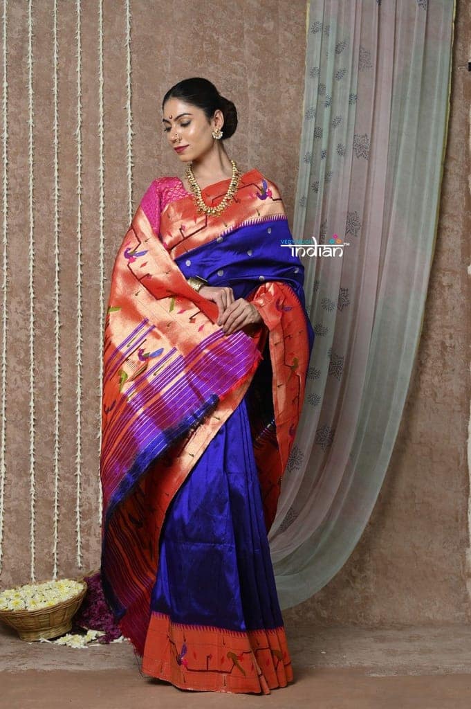 Tyohaar ~ Handloom Pure Silk Paithani Saree with Handcrafted Traditional Pallu~ Royal Blue view 6