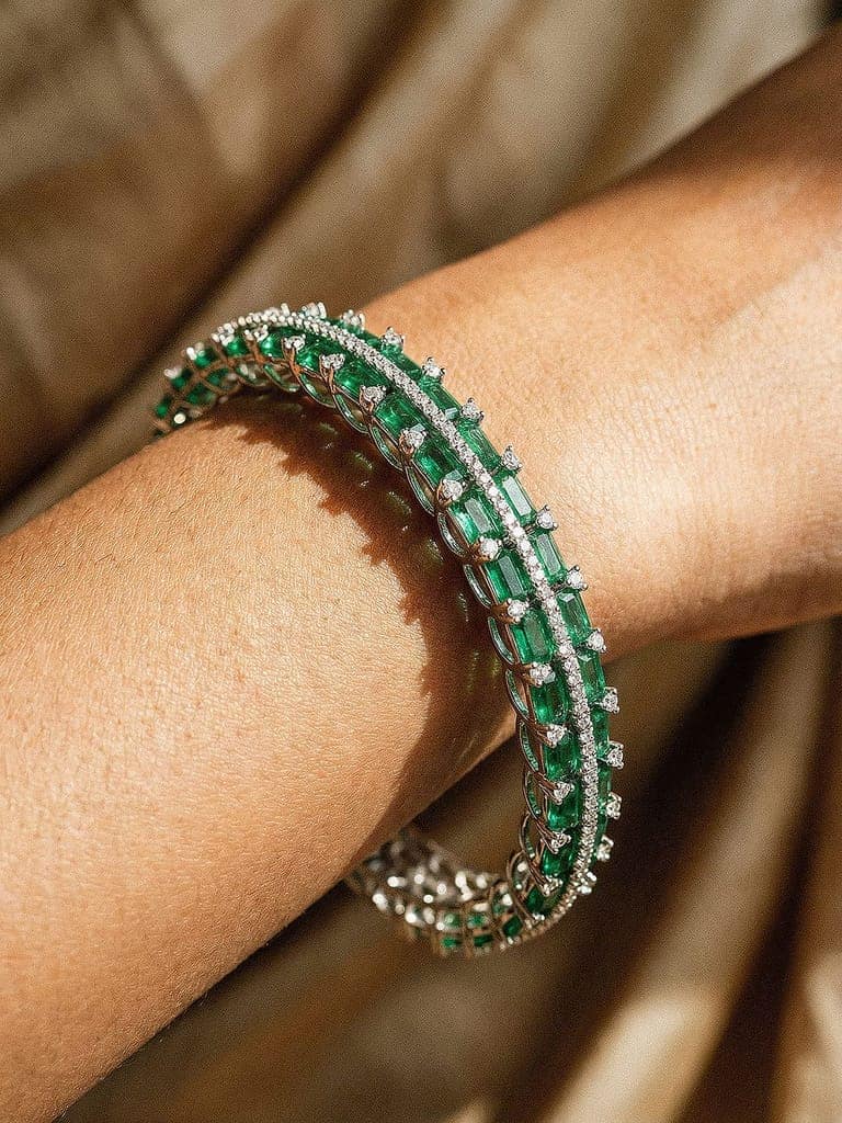 Silver Plated Emeral Green AD Zircon Statement Minimal Bridal Bangle Bracelet view 2