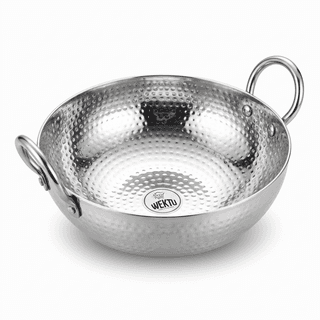 WEKTU Premium Stainless Steel Hammered Kadhai – Heavy Gauge Mathar Kadhai with Sturdy Riveted Stainless Steel Loop Handles | Mirror Finish Cook & Serve Deep Kadhai for Home & Kitchen