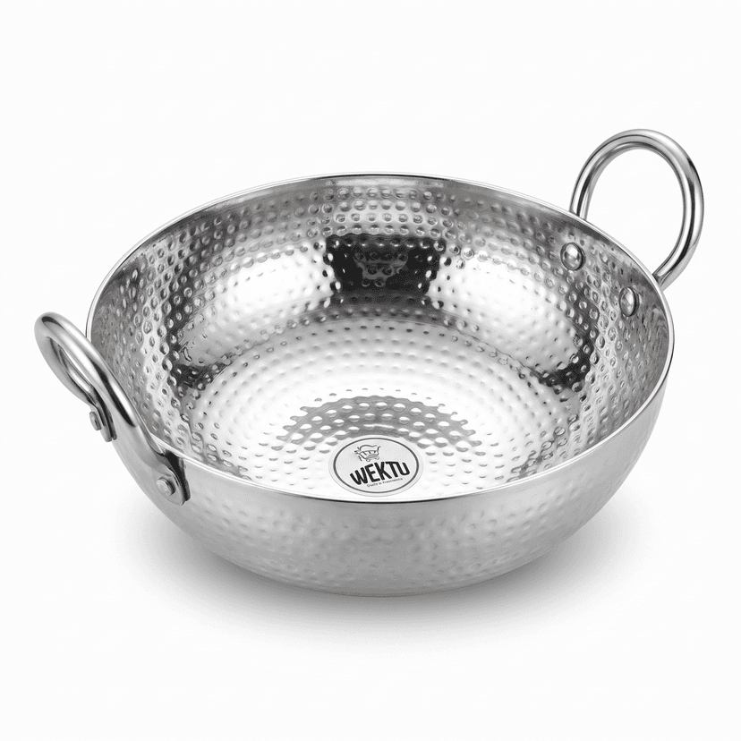 WEKTU Premium Stainless Steel Hammered Kadhai – Heavy Gauge Mathar Kadhai with Sturdy Riveted Stainless Steel Loop Handles | Mirror Finish Cook & Serve Deep Kadhai for Home & Kitchen