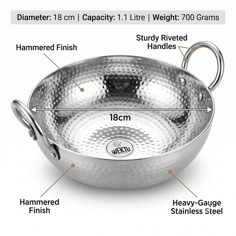 WEKTU Premium Stainless Steel Hammered Kadhai – Heavy Gauge Mathar Kadhai with Sturdy Riveted Stainless Steel Loop Handles | Mirror Finish Cook & Serve Deep Kadhai for Home & Kitchen view 2