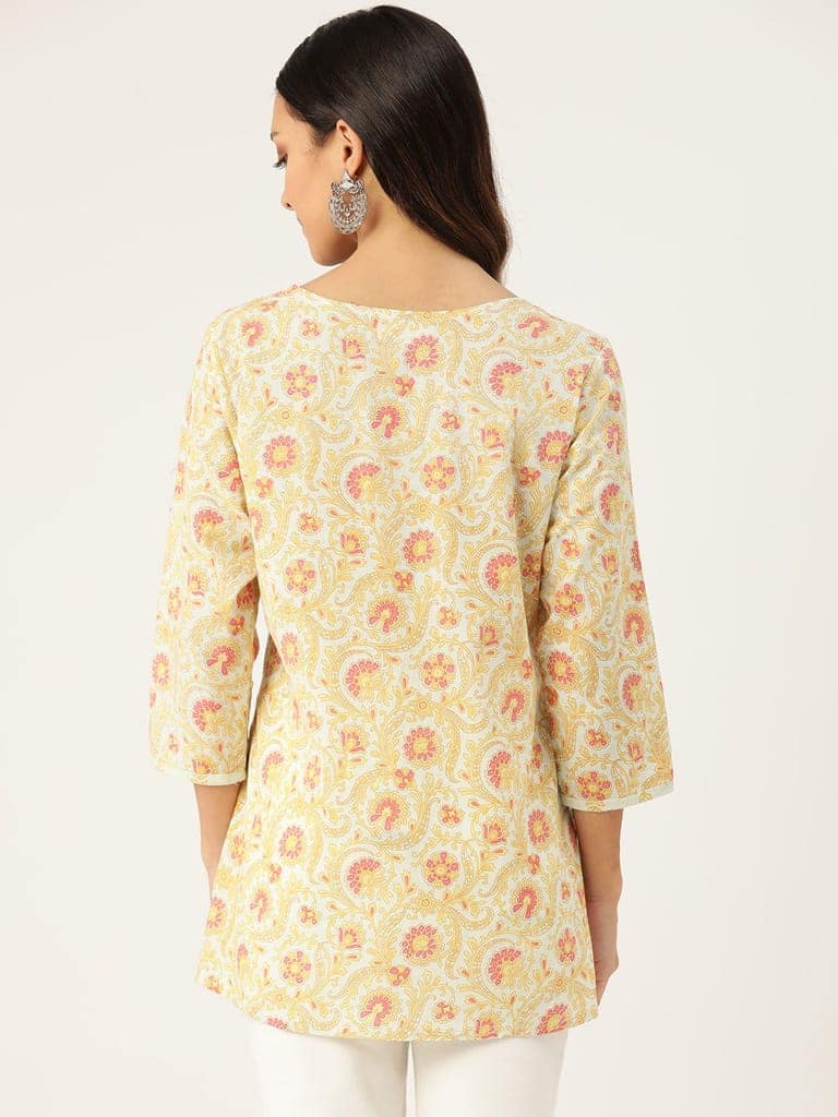 Floral Printed Mirror Work Pure Cotton Mirror Work Pleated Kurti view 3