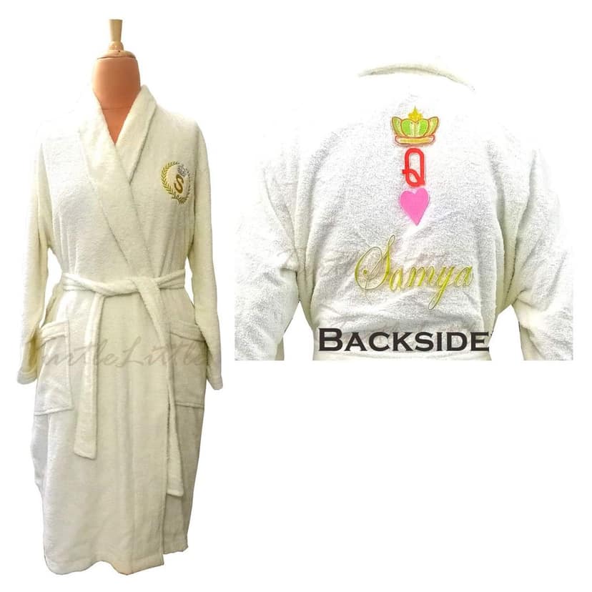 TurtleLittle, 100% Cotton, Personalized Queen of Hearts with Crown Bathrobe for Adults with Name and Initials, 350 GSM (Set of 1, Ivory White)