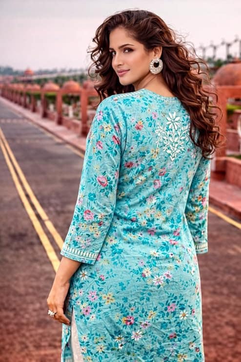 Mrs Right Women’s Printed Soft Malcotton Chikankari Kurta Kurti Top with Lucknowi Hand Embroidery | 3/4 Sleeve | 46 Inch Length | Sizes 38-44 view 4
