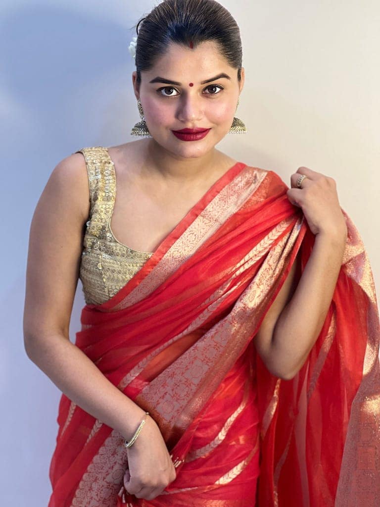 Organza Pure Banarasi Silk Saree With Striped body running blouse Red Color-3741 view 2