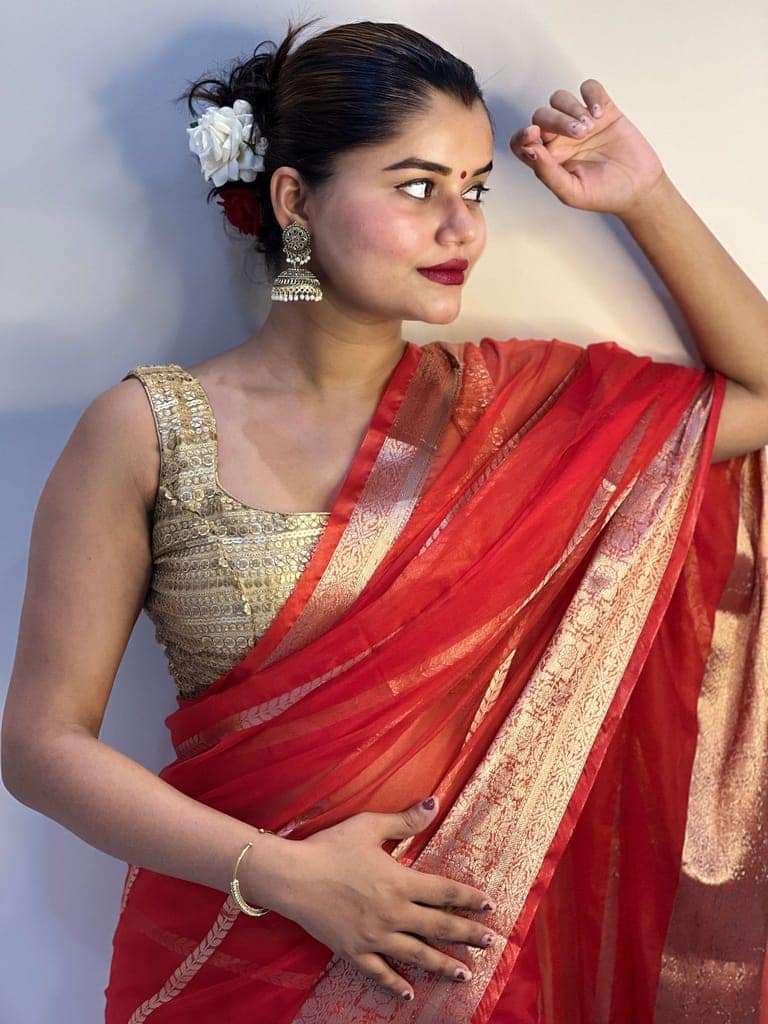 Organza Pure Banarasi Silk Saree With Striped body running blouse Red Color-3741 view 4
