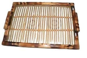 Bamboo Serving Tray with Handles, Natural Wood, Rectangular, Slatted Design with Decorative Weave