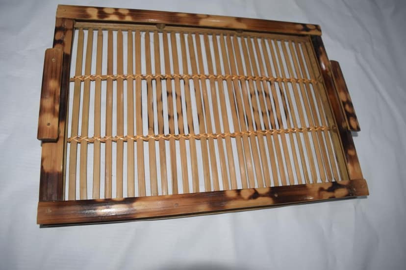 Bamboo Serving Tray with Handles, Natural Wood, Rectangular, Slatted Design with Decorative Weave view 2