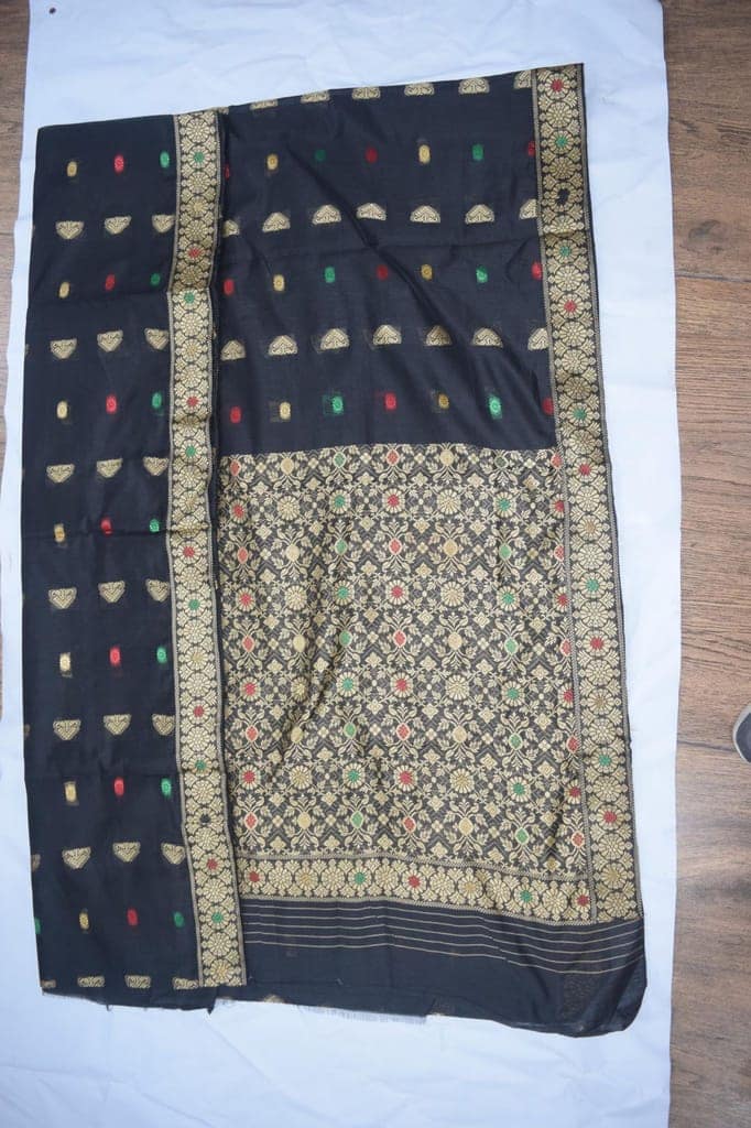 TULIP Traditional Black Assam Silk Saree with Gold Zari Border, Handwoven Silk, Floral Pattern, Red and Green Accent Dots, view 3