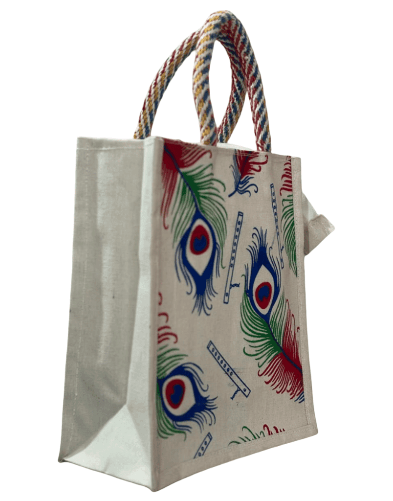 Peacock Feather Printed Jute Bag - Eco-Friendly Tote (T) view 2