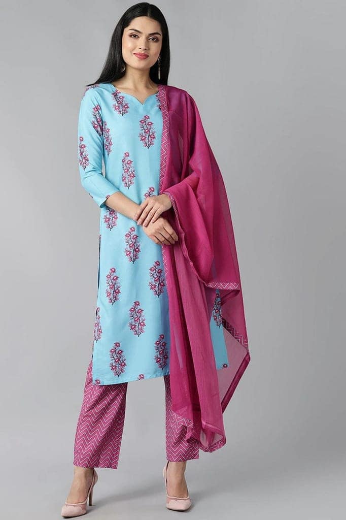 Blue Polyester Ethnic Motifs Straight Suit Set PKSKD1085