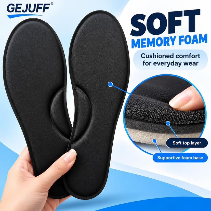 GEJUFF Premium Memory Foam Insole | Arch Support Shoe Inserts for Men & Women | Comfortable Breathable Cushioning Pads for Walking & Running (1 Pair, Black) view 3