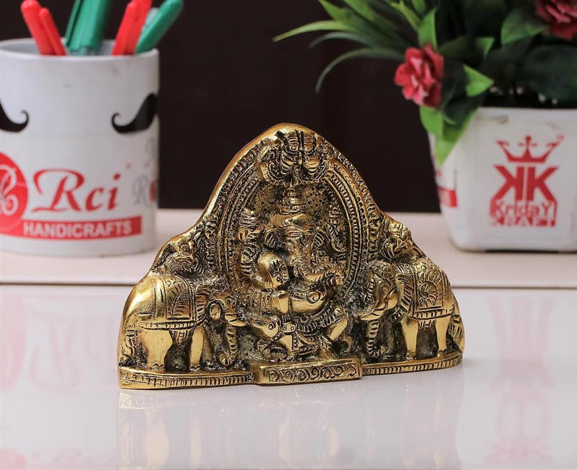 DreamKraft Ganesh Wall Hanging with Elephants - Decorative Showpiece (12 cm, Aluminium, Gold) view 2