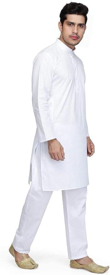 Ukal Indian Cotton White Kurta Pajama Set for Men's and Boy's view 2
