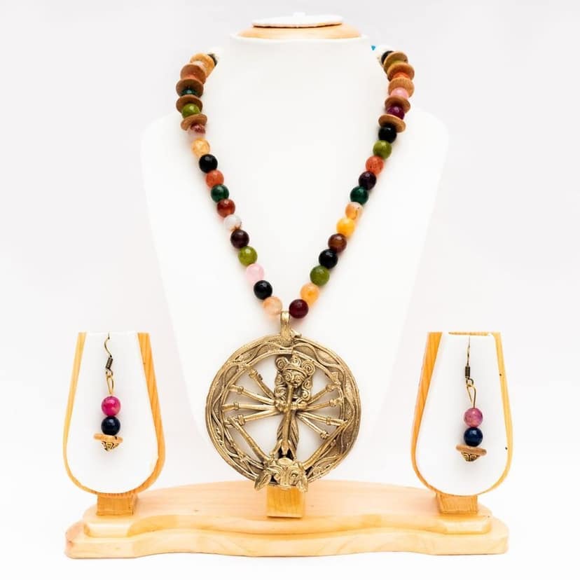 Dokra Locket With Stone and Wooden Beads view 2