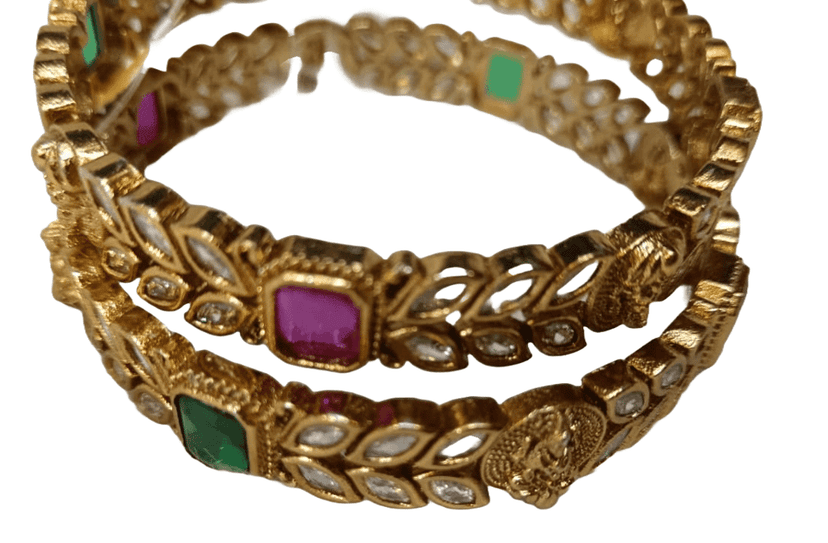 Exquisite Kundan and Meenakari Bangle Set with Green and Pink Stones view 3
