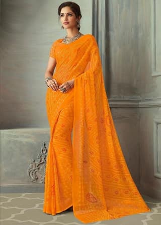 Bandhej Printed Chiffon Saree in Orange