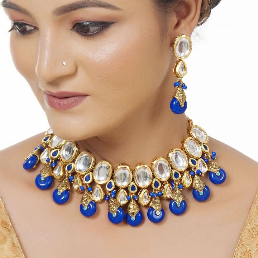 LUCKY JEWELLERY Back Meenakari 18k Gold Plated Blue Color Tika Earring Combo Uncut Big Faux Kundan Choker Necklace set view 2
