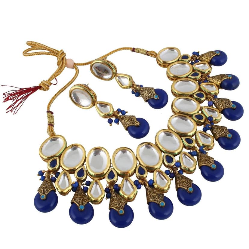 LUCKY JEWELLERY Back Meenakari 18k Gold Plated Blue Color Tika Earring Combo Uncut Big Faux Kundan Choker Necklace set view 3
