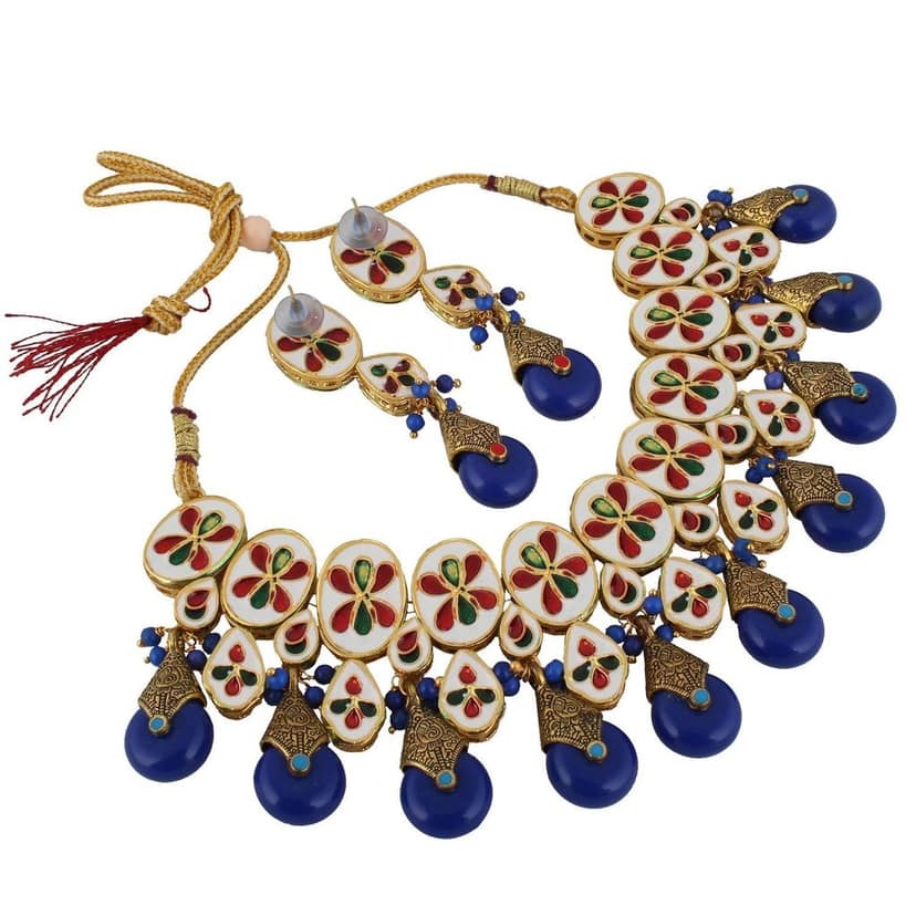 LUCKY JEWELLERY Back Meenakari 18k Gold Plated Blue Color Tika Earring Combo Uncut Big Faux Kundan Choker Necklace set view 4