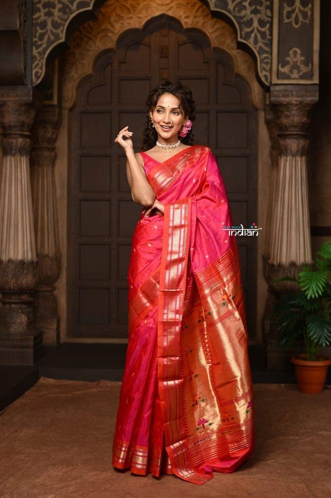 Parampura ~ Pure Silk Paithani with Exclusive Asawali Tawa Pallu in Rani Pink view 2