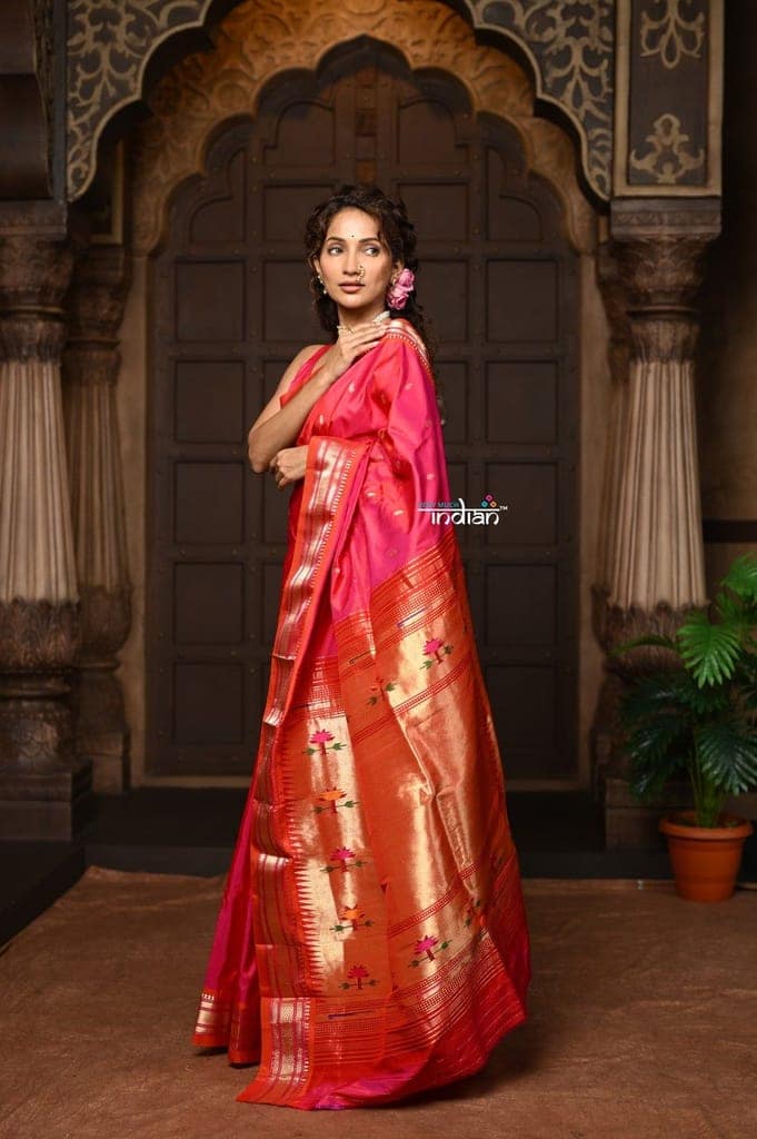 Parampura ~ Pure Silk Paithani with Exclusive Asawali Tawa Pallu in Rani Pink view 3