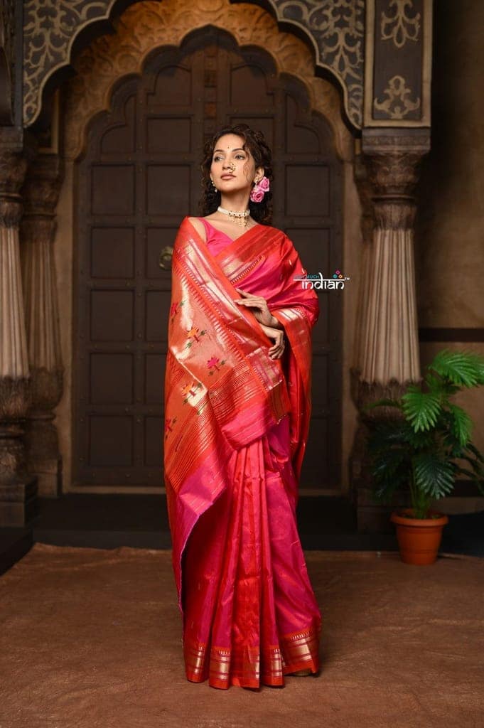 Parampura ~ Pure Silk Paithani with Exclusive Asawali Tawa Pallu in Rani Pink view 4