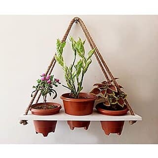 Khush Its Amazing Wood Hanging Planter Shelf Plant Hanger Decorative Flower Pot Rack with Rope Home Decor Hanging Planter (3 Pot White Planter)