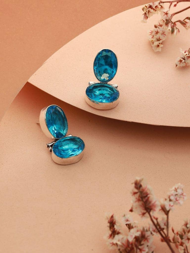 Oxidised Turquoise Blue AD Stone Studded Minimal Earring view 2