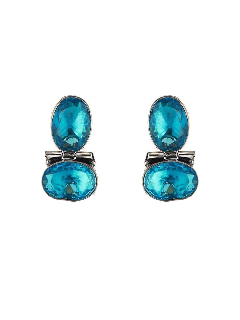 Oxidised Turquoise Blue AD Stone Studded Minimal Earring view 3