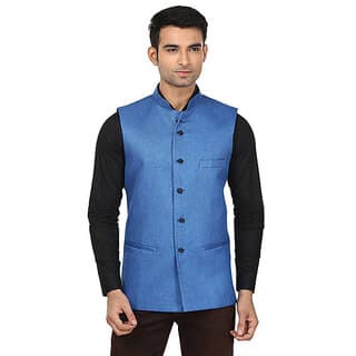 QDesigns Blue Plain Slim Nehru Jacket for Men