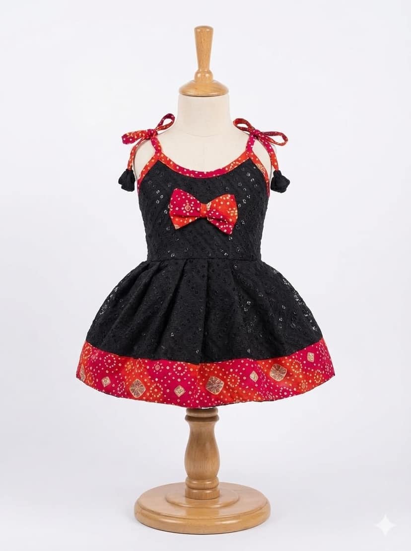 Mom and Me Baby Girls Ready-to-Wear Chikankari Dress, Black with Bandhani Border, for 0-2 Years, Festive Traditional Ethnic Wear for Pongal, Makar Sankranti, Ceremonies (IN, Age, 18 Months, 24 Months) view 2