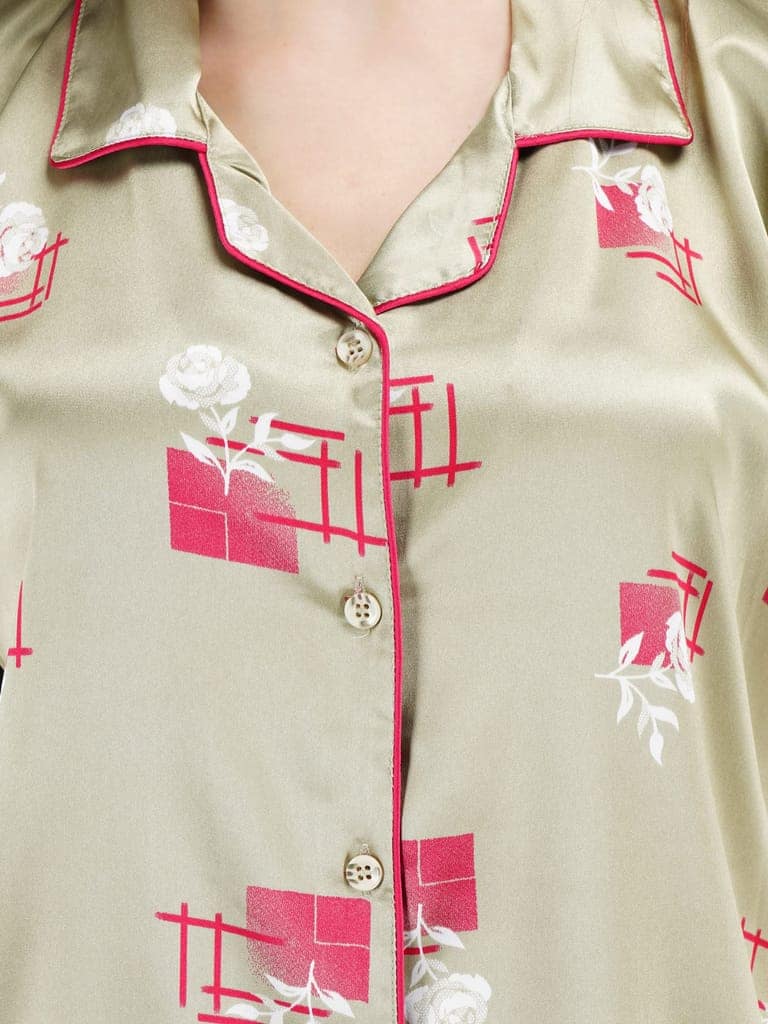 KOI SLEEPWEAR Women Satin Short Nightsuit Set - Rose Olive Green view 5
