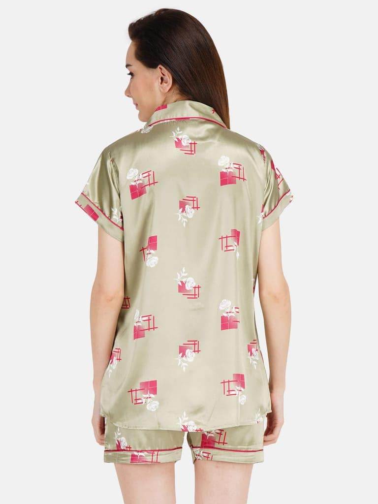 KOI SLEEPWEAR Women Satin Short Nightsuit Set - Rose Olive Green view 6